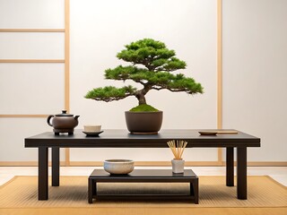 Elegant japanese tea ceremony setup with bonsai tree and matcha accessories