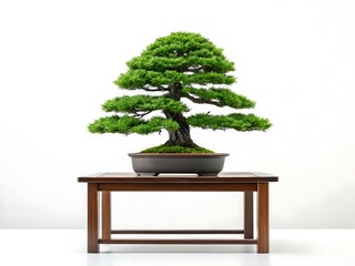 Beautifully shaped green juniper bonsai tree displayed on a wooden table
