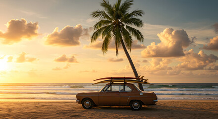 Vintage Car with Surfboards Under Palm Tree on Beach at Sunset