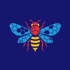 Stylized geometric bee with blue wings red thorax yellow abdomen on a blue background