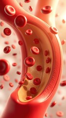 Detailed 3D Illustration of Red Blood Cells in a Narrowed Blood Vessel