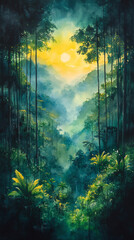 Fototapeta premium Artistic Watercolor Interpretation of a Tropical Rainforest