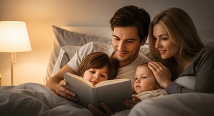 Family reading bedtime story together