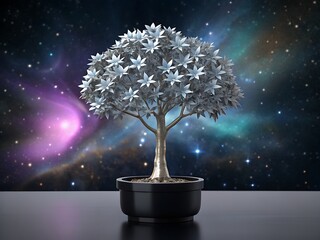 Silver leaf tree in pot against vibrant nebula and starry night sky