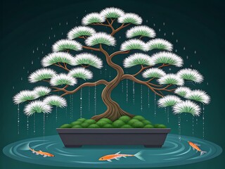 Artistic bonsai tree with white needles and koi fish in water