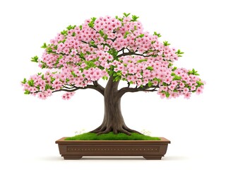 Beautiful pink flowering bonsai tree with green leaves in a brown pot