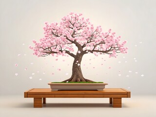 Beautiful blooming cherry blossom bonsai tree with falling petals on a wooden stand