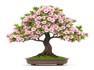 Beautiful pink flowering bonsai tree with green leaves in a decorative pot
