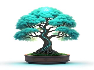 Mystical glowing turquoise bonsai tree with intricate roots and neon energy flow