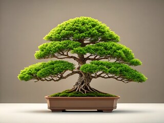 Beautifully sculpted green bonsai tree with exposed roots in a brown pot
