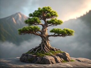 Ancient gnarled pine tree with exposed roots on a rocky outcrop overlooking misty mountains