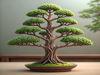 Beautifully sculpted green bonsai tree with intricate twisted trunk and lush foliage