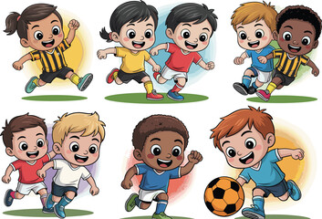 Cartoon kids playing soccer, diverse boys and girls running happily, colorful football uniforms, team sport, active children vector illustration