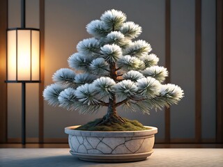 Elegant frosted pine bonsai tree in a stone pot illuminated by a warm lamp
