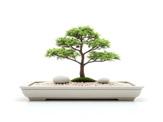 Aesthetic miniature bonsai tree in a white rectangular pot with smooth stones