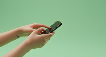 Hands Holding Smartphone with Green Background