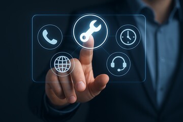 A person touches a futuristic interface displaying a wrench, globe, phone, clock, and headset, representing digital support.