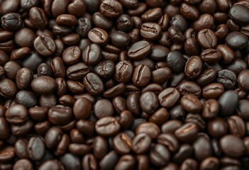 Close-up of dark roasted coffee beans, rich texture and aroma,  still life,  espresso