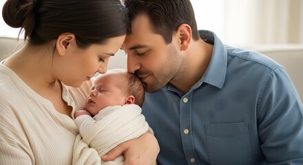 Parents cuddling with newborn