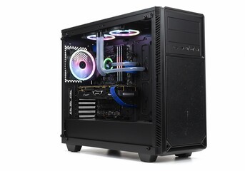 Obraz premium High-End Gaming PC with Custom Liquid Cooling and RGB Lighting on White Background