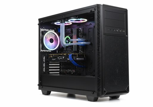 High-End Gaming PC with Custom Liquid Cooling and RGB Lighting on White Background