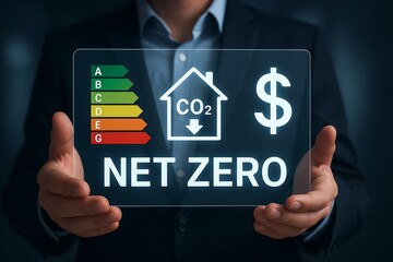 Achieving net zero goals through energy efficiency and sustainable practices, represented by a man holding a screen.