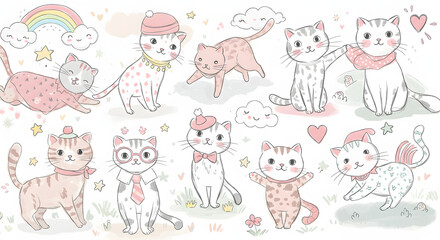 Cute Cartoon Cats Playing and Relaxing in Pastel Colors with Rainbows and Hearts