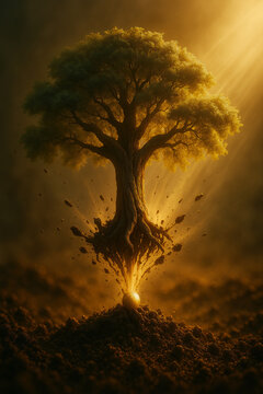 Majestic tree growing from mustard seed &ndash; Christian symbolism in high detail