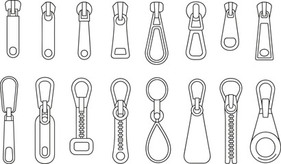 Zipper puller vector set, flat fashion accessory outline design, garment hardware collection, clothing zipper styles, technical drawing elements