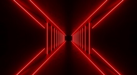 Abstract Red Neon Lights Corridor Glowing Bright Intense Dark Background Symmetrical Tunnel Perspective