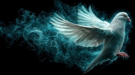 White dove in flight, smoke trails