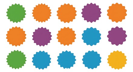 Fifteen Colorful Starburst Shaped Blank Labels Orange Purple Green Blue Yellow sticker badge