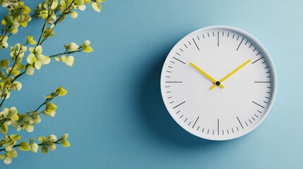 Modern minimalist round wall clock with yellow hands and black markings on light blue background with green plant detail for home decor