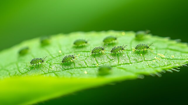 Macro Shot, Tiny Green Insects with Black Spots on Leaf