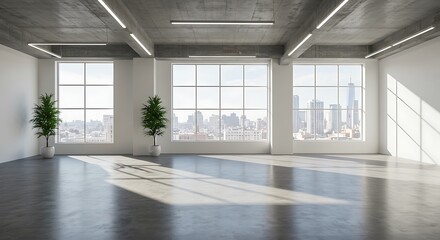 Fototapeta premium Spacious Modern Loft Apartment City View Large Windows Grey Floor Sunlight Plants White Walls Concrete Ceiling