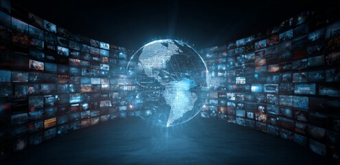 Digital Globe Surrounded by Multiple Screens with Streaming Data and Technology Visualization