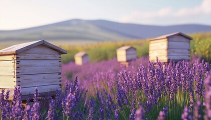 Beehives in lavender flower field purple view beauty meadow farm