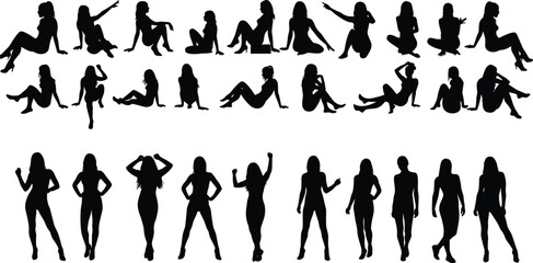 Silhouette collection of women in standing and sitting poses, black female figure design elements for fashion, art, illustration, vector