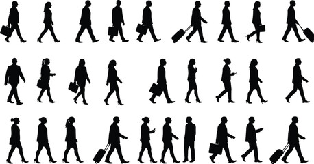 Silhouette of business people walking, office commute, business travelers, professionals in motion, teamwork concept, corporate lifestyle, working day routine, diversity