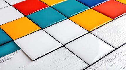 Colorful Glossy Square Tiles Diagonal Pattern on White Wood