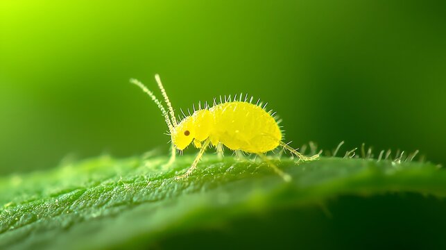 Macro shot of a yellow springtail on a green leaf