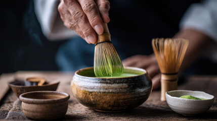 Morning mindfulness routine includes preparing green matcha tea with traditional bamboo whisk in rustic ceramic bowl creating calm and peaceful start to day