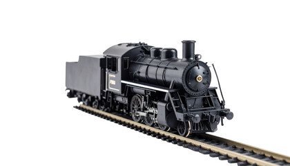 Obraz premium Model steam locomotive on track isolated on transparent background