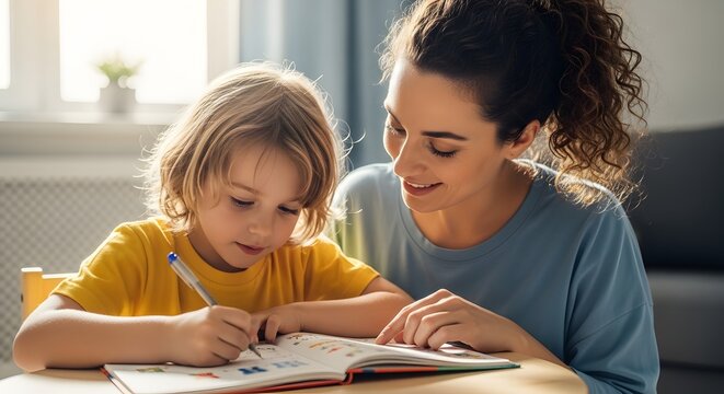 Mother helping son with homework