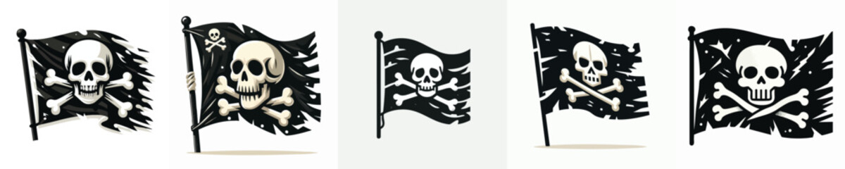 Tattered Pirate Flag Clipart Set – Skull and Crossbones on Waving Black Flags