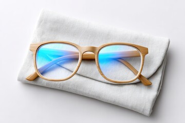 Light-toned eyeglasses on a light-colored cloth.