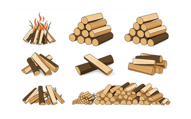 Firewood Stacks and Burning Fire: Illustration of Different Wood Arrangements for Fuel and Heating