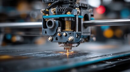 Obraz premium Close-up of a laser cutting machine engraving precise patterns on a metal sheet in an industrial setting.