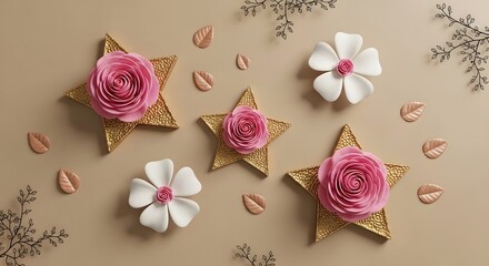 Floral star art, flower wall decor, pink rose, white flower, gold star, leaf, floral arrangement art