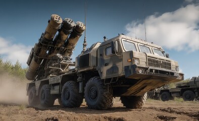Obraz premium Large military transport truck equipped with multiple missile launchers mounted on top in an open field du daytime with cloudy sky